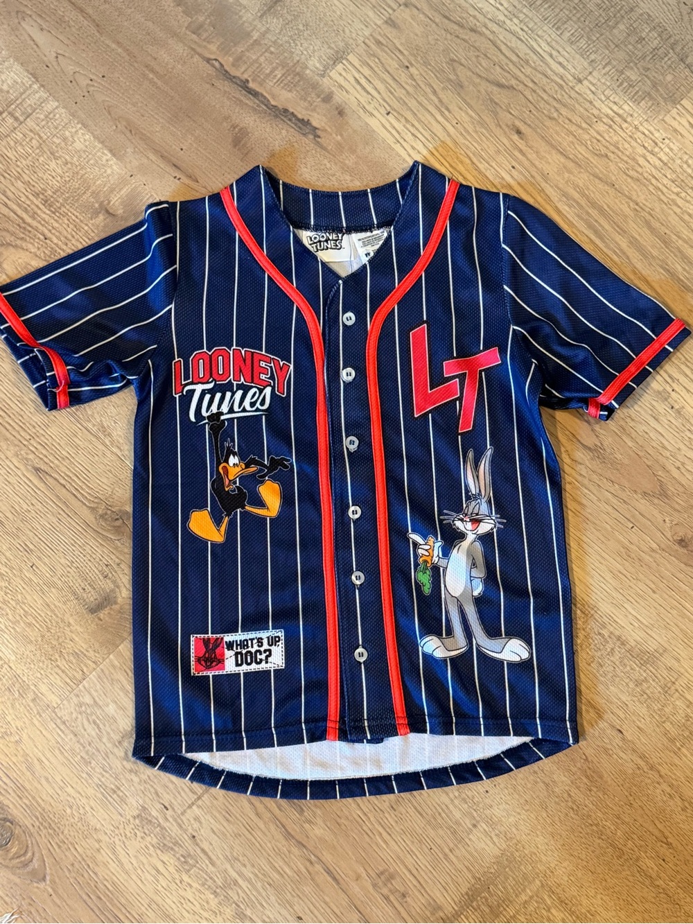 Looney Tunes Bugs Bunny Daffy Duck Baseball Jersey Youth L Blue Pinstripe